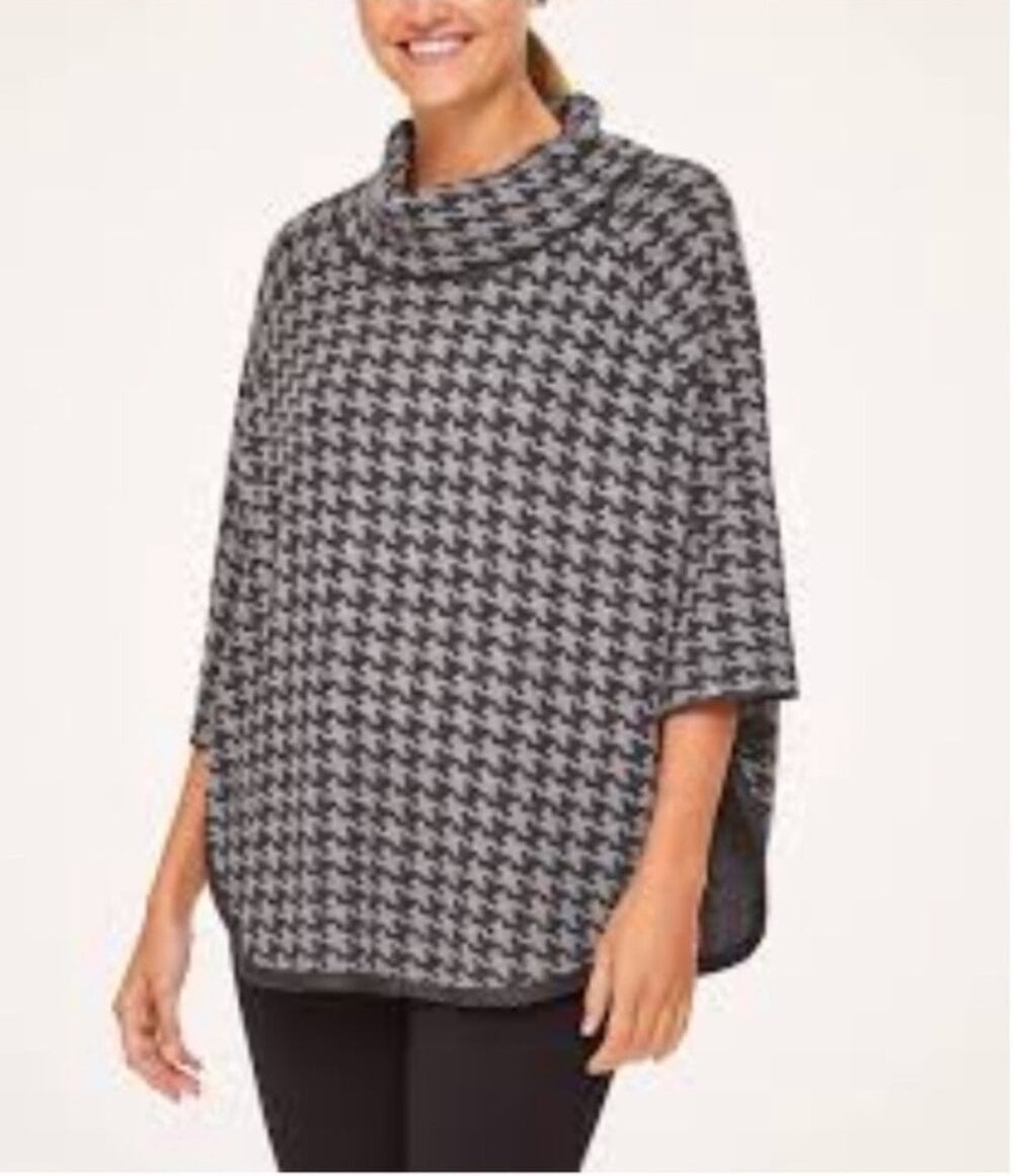 Loft Outlet black & gray houndstooth knit cowl neck poncho sweater  Size XS/S